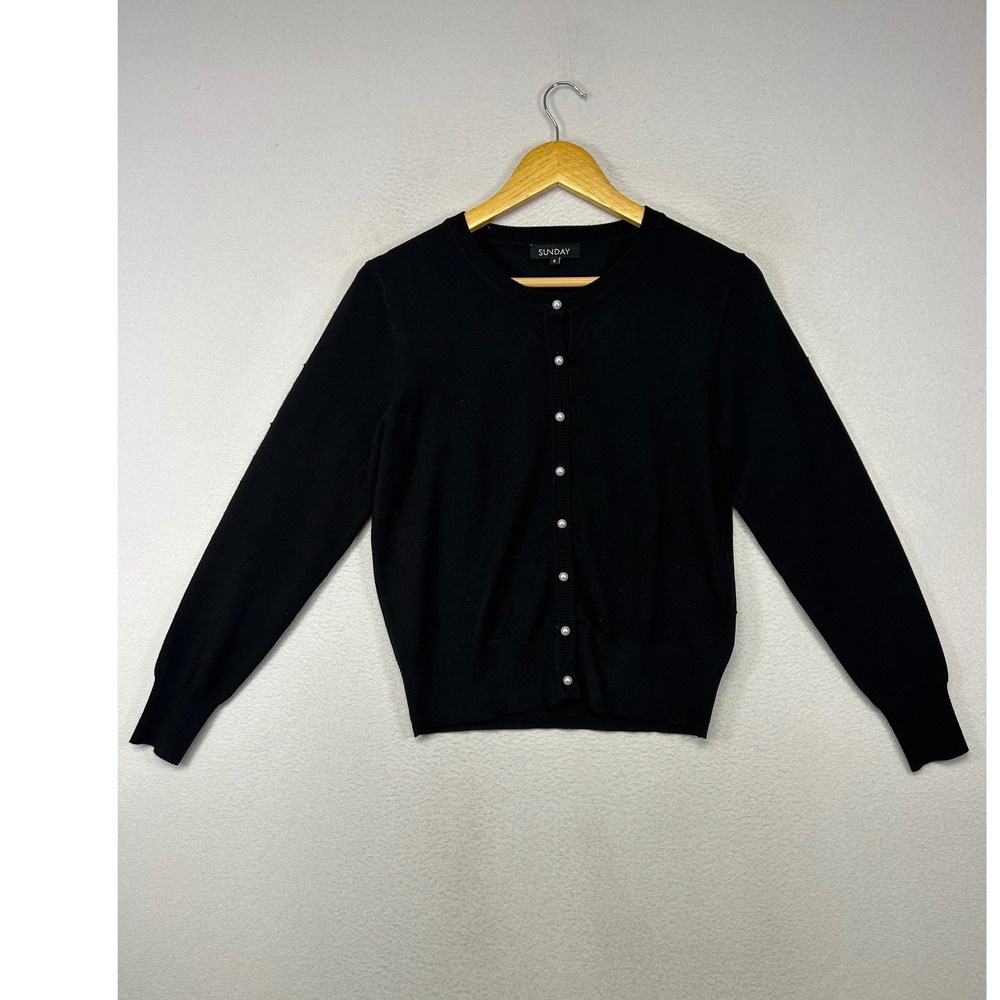 Coquette Sunday Women S Black Pearl Button Textured Crew Neck Cardigan Sweater